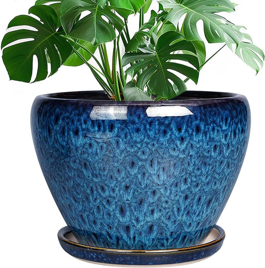 10 Inch Ceramic Planter Pot, Ceramic Plant Pot for Indoor Outdoor Plants, Large Flower Pot with Drainage Hole and Saucer, Blue-VerdiqueGarden