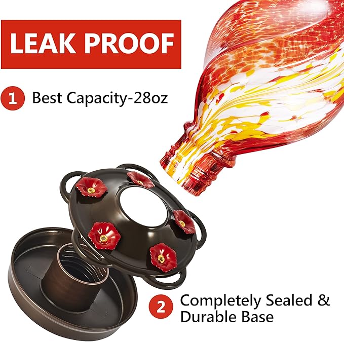 LUJII Ice Cream Shaped Spiral Hummingbird Feeder, Hand Blown Glass, 28 fl.oz, Leak Proof & Rustproof, Includes an Ant Moat for Outdoors Hanging, Unique & Stylish Garden, Outside & Backyard Decor (Red)-VerdiqueGarden