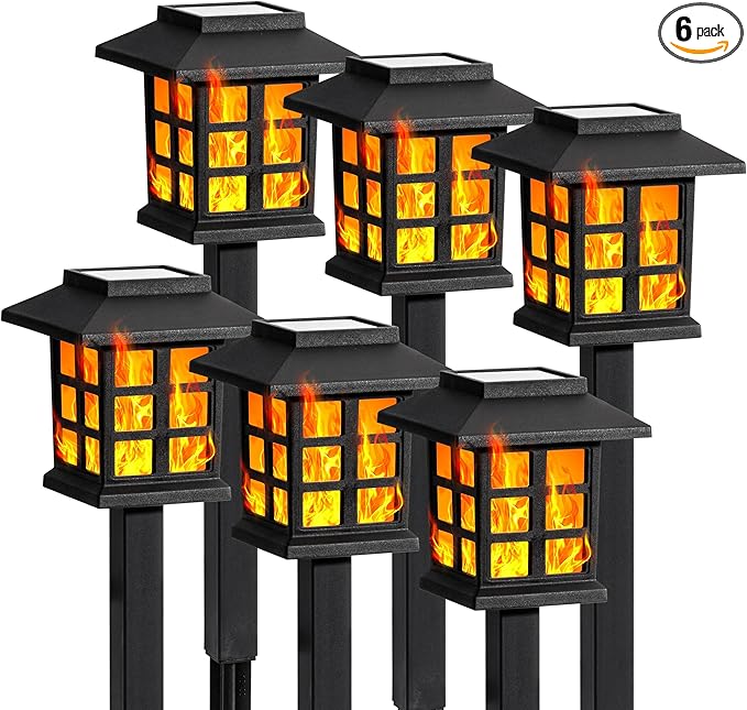 GIGALUMI Solar Lights for Outside,6 Pack Flickering Flame LED Solar Outdoor Lights, Waterproof Solar Garden Lights Maintain 10 Hours of Lighting for Christmas, Garden, Landscape, Path, Yard, Patio-VerdiqueGarden
