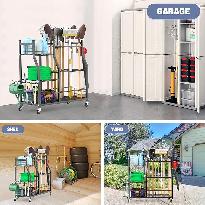 WALMANN Garden Tool Organizer with Wheels for Garage, Large Storage Capacity, Rakes/Shovels/Yard Tools Storage Stand for Shed, Garden, Indoor/Outdoor Long-Handled Tools Rolling Cart-VerdiqueGarden