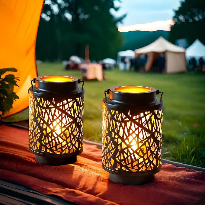 JHY DESIGN Set of 2 LED Battery Operated Table Lamp 8“H Cordless Lamp Light with 6-Hours Timer Metal Black Battery Lamp for Patio Garden Indoor Outdoor Party Events(Hollow Branch)-VerdiqueGarden