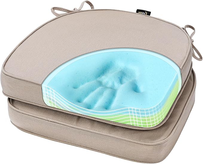 SUNROX Gel Memory Foam Chair Cushions, FadeShield Water-, Stain-Resistant Durable Reversible Seat Cushion Pads with Ties for Indoor/Outdoor Kitchen Dining Office 17"x16" Set of 2, Husk Birch-VerdiqueGarden