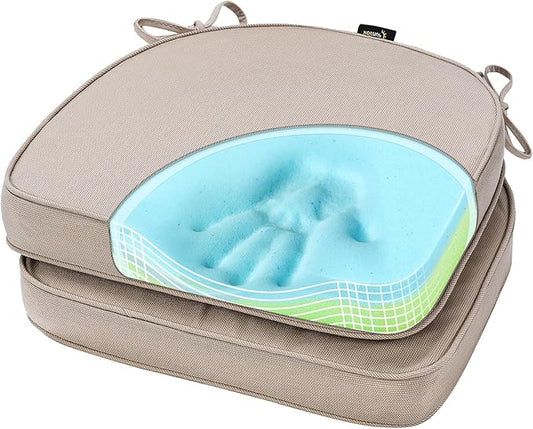 SUNROX Gel Memory Foam Chair Cushions, FadeShield Water-, Stain-Resistant Durable Reversible Seat Cushion Pads with Ties for Indoor/Outdoor Kitchen Dining Office, 19"x19", Set of 2, Husk Birch-VerdiqueGarden