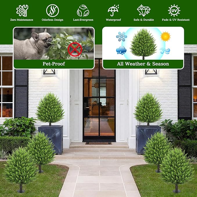 31" Artificial Cedar Topiary Ball Trees with Ground Spike,2 Pack Fake Pine Shrubs Bushes, UV Resistant Faux Evergreen Cypress Tree Plants for Indoor Outdoor Planters Front Porch Garden Decor-VerdiqueGarden