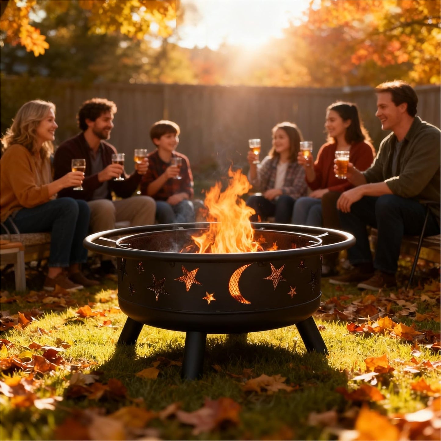 Grovelli 38" Round Wood Burning Fire Pit with Mesh Cover, Fire Poker, Star & Moon Cutouts, Metal Outdoor Firepit for Patio, Backyard, Garden, Bonfire, Camping, Christmas, Thanksgiving, Halloween-VerdiqueGarden