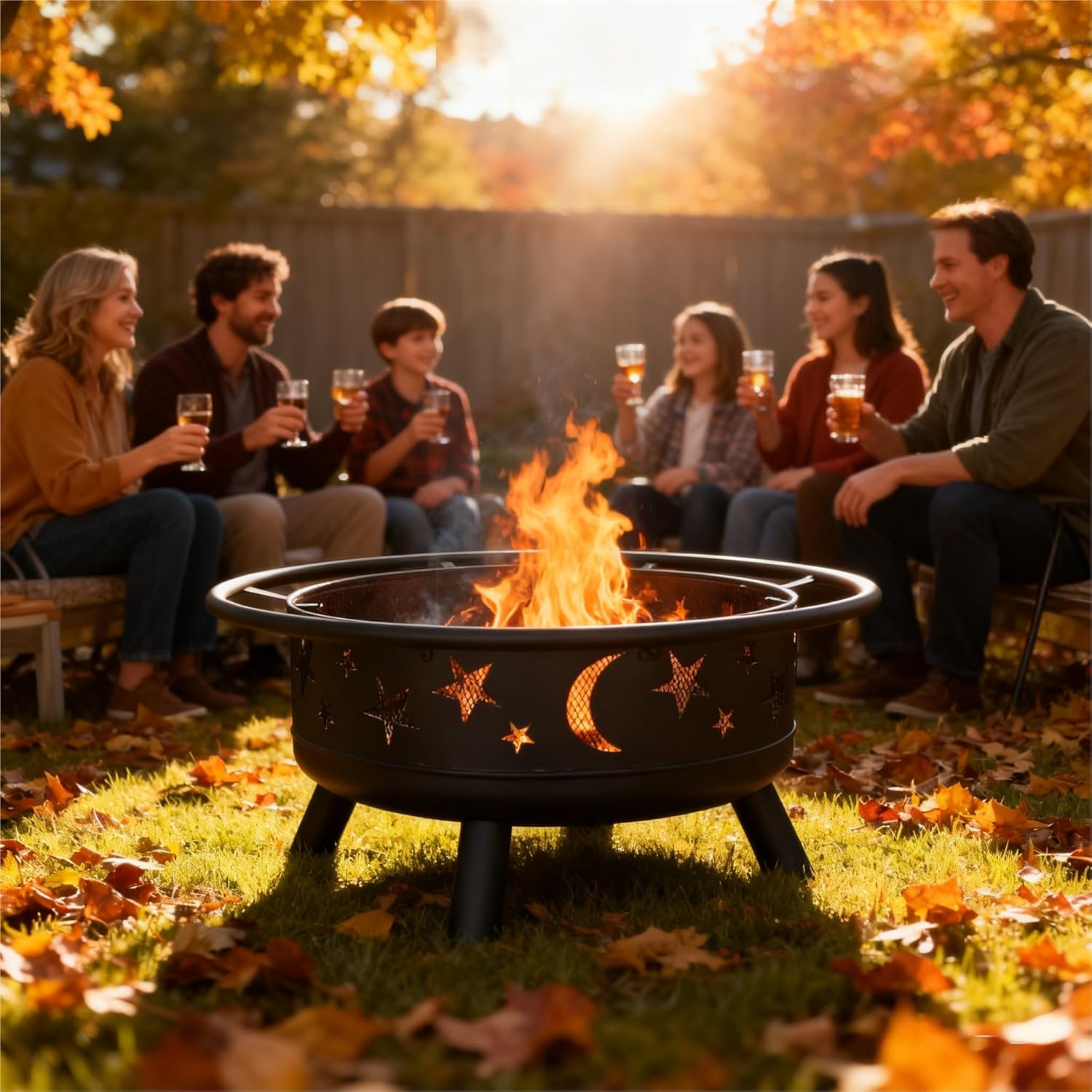 Grovelli 38" Round Wood Burning Fire Pit with Mesh Cover, Fire Poker, Star & Moon Cutouts, Metal Outdoor Firepit for Patio, Backyard, Garden, Bonfire, Camping, Christmas, Thanksgiving, Halloween-VerdiqueGarden