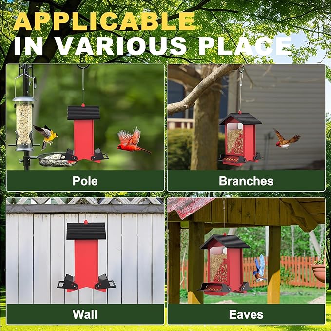 Squirrel Proof Bird Feeder for Outdoor Hanging,Metal Bird Seed Feeder with Bilateral Weight Activated Perches,5LB Large Capacity Wild Bird Feeders for Outside,Easy Refill and Clean,Red-VerdiqueGarden
