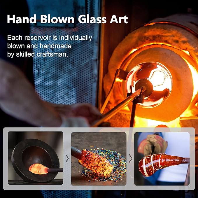 LUJII Hand Blown Glass Hummingbird Feeder for Outdoors Hanging with Ant Guard, 36 fl.oz, Leak Proof & Rustproof, Metal Base with 5 Feeding Ports & 5 Perches, Unique Garden & Backyard Decor (Purple)-VerdiqueGarden