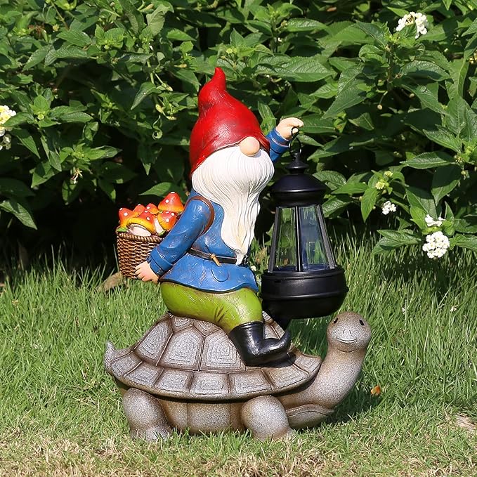 Gnome and Turtle Garden Decor, Large Outdoor Garden Sculptures & Statues, Outside Patio Yard Lawn Decorations, Housewarming for Women, Mom, Grandma with Solar Lantern-VerdiqueGarden
