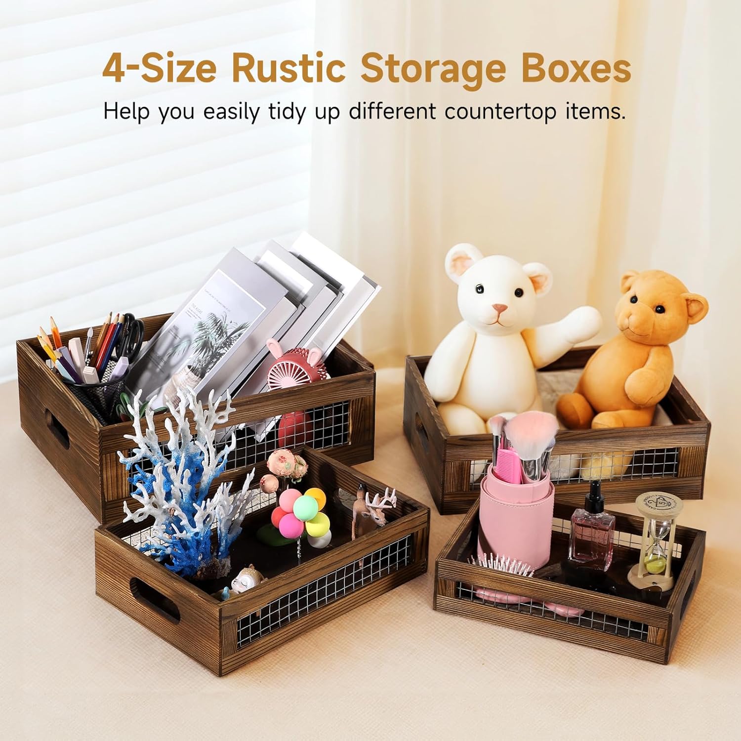 4 Pcs Wooden Nesting Countertop Baskets, 4-Size Rustic Storage Boxes, Wood Wire Containers with Handles, Multipurpose Decorative Organizer Crates for Fruits, Veggies, Kitchen, Pantry-VerdiqueGarden