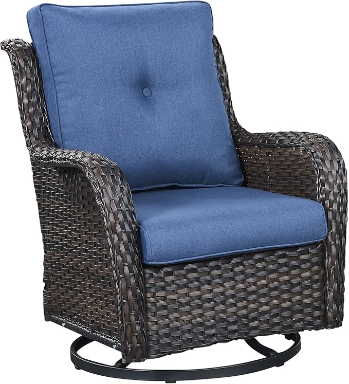 Outdoor Patio Swivel Rocker Chairs - Single Wicker Rattan Patio Swivel Rocking Chair with High Back,Deep Seating and Comfort Cushions for Deck Porch Garden,Brown/Blue-VerdiqueGarden