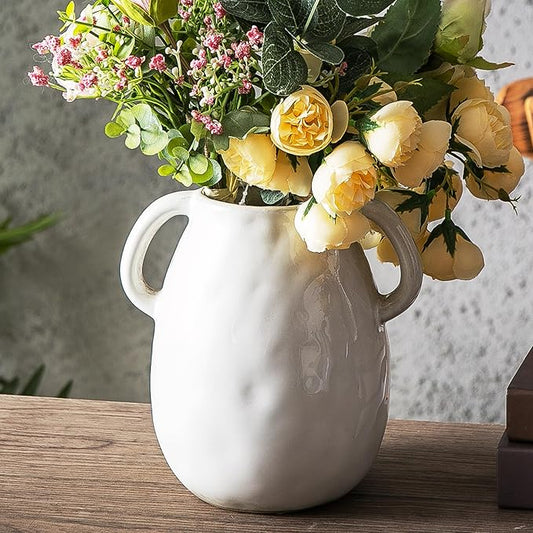 Kimdio White Ceramic Vase with 2 Handles, Modern Farmhouse Vases for Home Decor, Rustic Pottery Vase, Decorative Terracotta Flower Vase, Clay Small Vase, Centerpieces for Dining Table-VerdiqueGarden