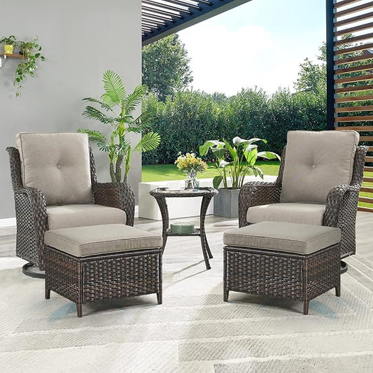 Outdoor Wicker Patio Furniture Set - 5 Pieces Rattan Patio Conversation Set with 2 Rocking Swivel Chairs,2 Ottomans and 1 Side Table for Porch Deck Backyard Garden(Brown/Grey)-VerdiqueGarden