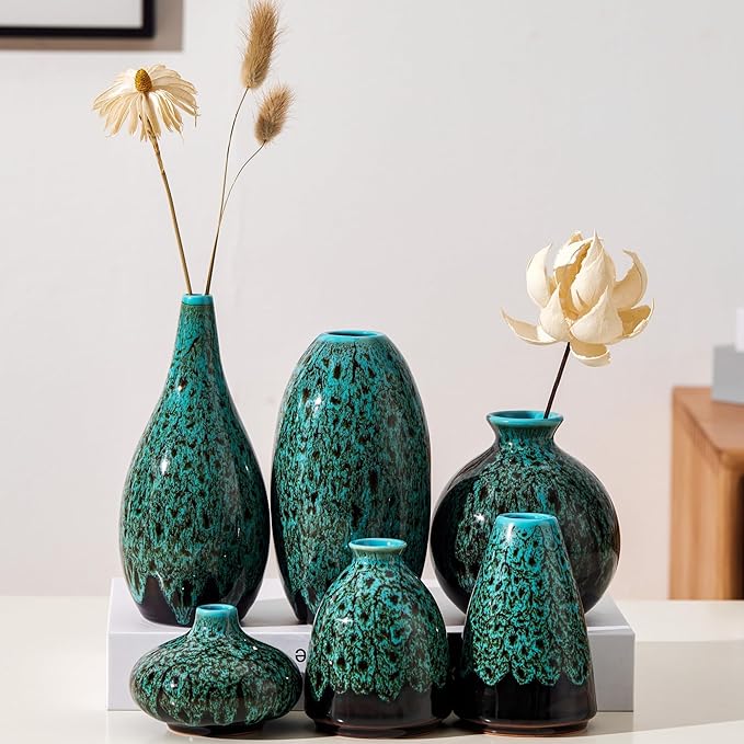 Ceramic Bud Vase Set, Fambe Blue Glazed Finish, Decorative Flower Vases (Blue-Set of 6)-VerdiqueGarden