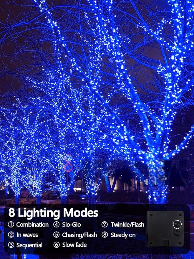 EEW 2-Pack 200 LED Solar String Lights Outdoor, Solar Christmas Lights with 8 Lighting Modes, Waterproof Green Wire Solar Tree Lights for Outside Xmas Wedding Party Garden Patio Decorations (Blue)-VerdiqueGarden