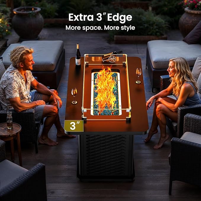 Ciays 43-Inch Rectangular Propane Fire Pit with 60,000 BTU Output, Fire Pit Table Premium Gas for Outside Patio with 304 Stainless Steel H-Burner, Glass Stones, and Wind Guard,Black-VerdiqueGarden