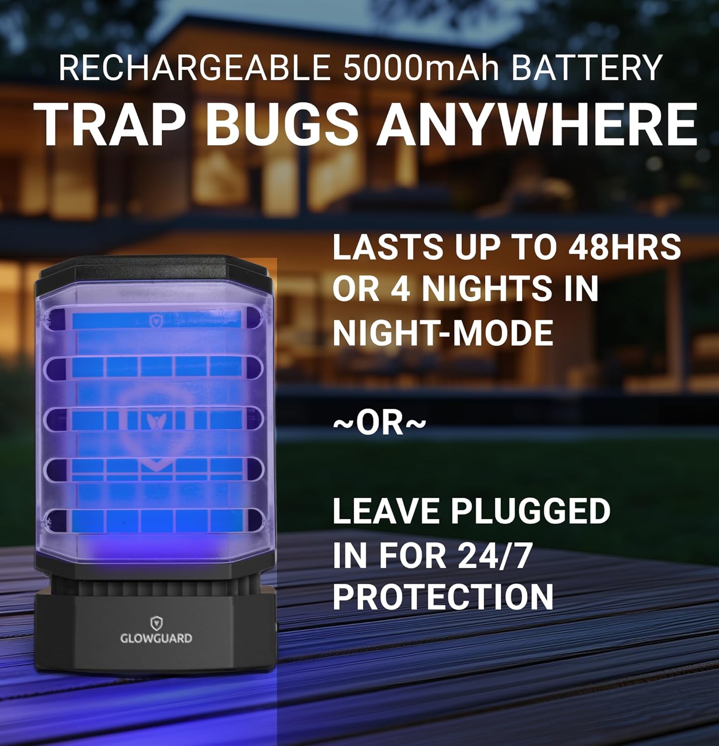 GlowGuard Cordless Flying Insect Trap Catches Fruit Flies, Indoor Gnat Killer, Magnet for Moths & Mosquitos in Dark, 1 Rechargeable Trap + 4 Dual-Sided Sticky Pad Refills, 30Hr 5000mAh Battery (Black)-VerdiqueGarden
