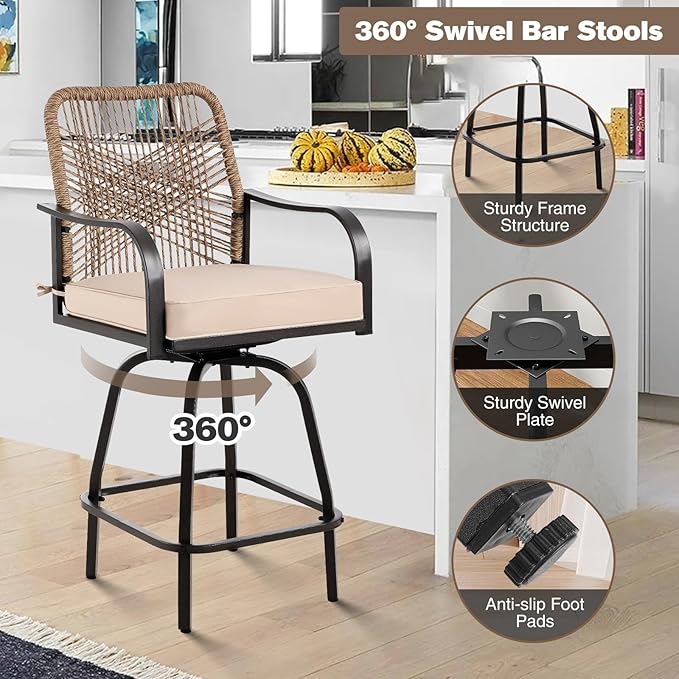 Outdoor Bar Stools Set of 6, Patio Swivel Counter Height Rattan Bar Stools, Patio Wicker Bar Swivel Chairs with Cushion, Outdoor Pool Bar Chairs for Backyard Garden Balcony w /360 Rotation-VerdiqueGarden