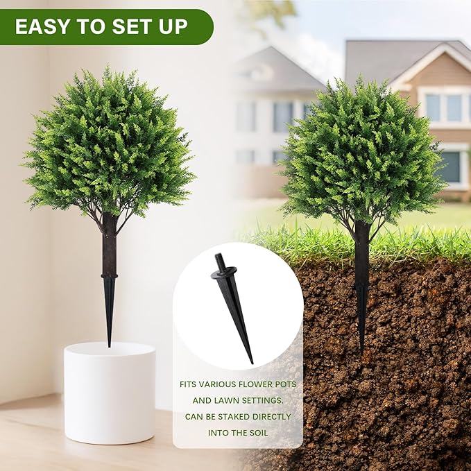 24" Artificial Cedar Topiary Ball Bushes, Set of 2 UV Resistant Fake Trees Outdoor Shrubs with Ground Spike, Weatherproof Faux Plants for Planter, Front Porch, Garden, Yard, Patio Decor-VerdiqueGarden