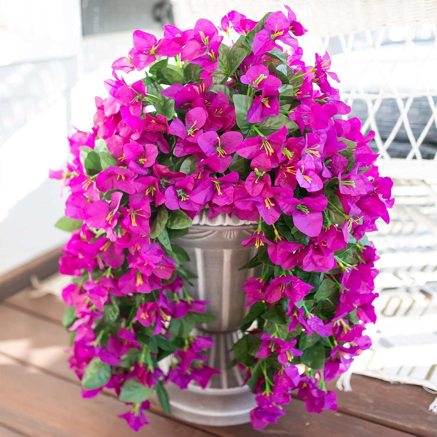 Bougainvillea Artificial Hanging Flowers Plants for Outdoors Decoration, 2pcs Fake Flowers Silk Bougainvillea Vines Realistic UV Resistant Faux Flowers for Outdoor Planters Patio Urn, Purple-VerdiqueGarden