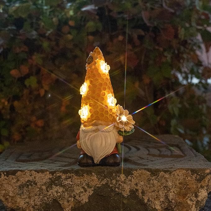 Garden Gnome Statue Solar Powered with Glowing Bees Sunflower Outdoor Funny Resin Figurine Decorations for Patio Yard Lawn Porch Housewarming Ornament Gift-VerdiqueGarden