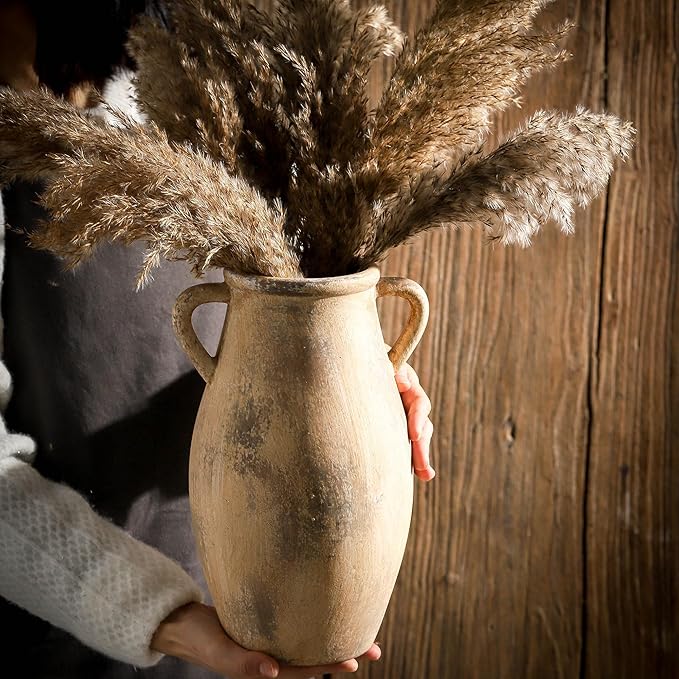 Large Ceramic Vase,11.3 inch Tall Farmhouse Flower Vase with 2 Handles,Terracotta Decorative Flower Vase for Home Decor, Living Room Entryway Table Centerpiece Decor-VerdiqueGarden