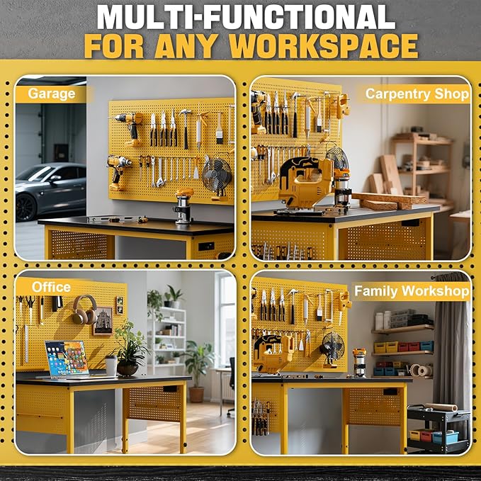 47" Heavy Duty Adjustable Workbench with Power Outlets, Pegboard & Locking Wheels - 2100LB Capacity Garage Work Table, Compatible with DeWalt Battery, Reinforced Steel Frame for Workshop & Home Use-VerdiqueGarden