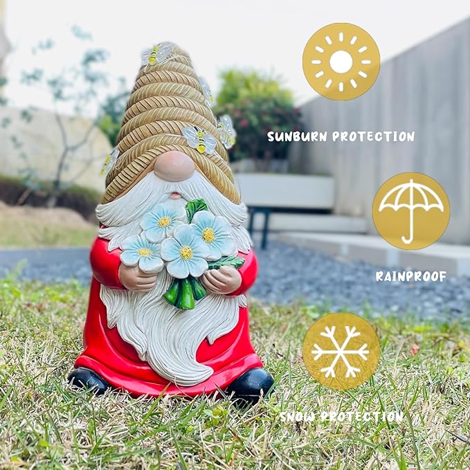 Outdoor Garden Gnomes Statue, Bee Flower Gnome Sculpture, with Solar LED Lights for Yard, Patio, Lawn Ornaments for Garden, Patio Gnome Gifts for Mom-VerdiqueGarden