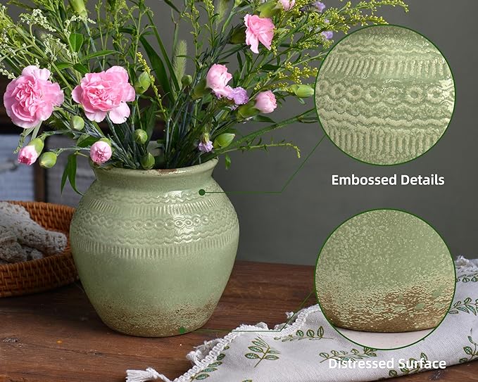 Quoowiit Ceramic Rustic Farmhouse Vase, Green Distressed Flower Vase for Home Decor, Boho Decorative Vases for Centerpiece Table Decorations, Vases for Living Room Kitchen Entryway Mantle Shelf Decor-VerdiqueGarden