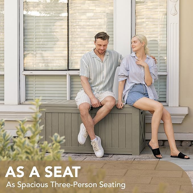 Devoko 120 Gallon Deck Box Resin Outdoor Storage Box Waterproof for Patio, Large Outdoor Storage Bench Lockable for Outside (Brown)-VerdiqueGarden