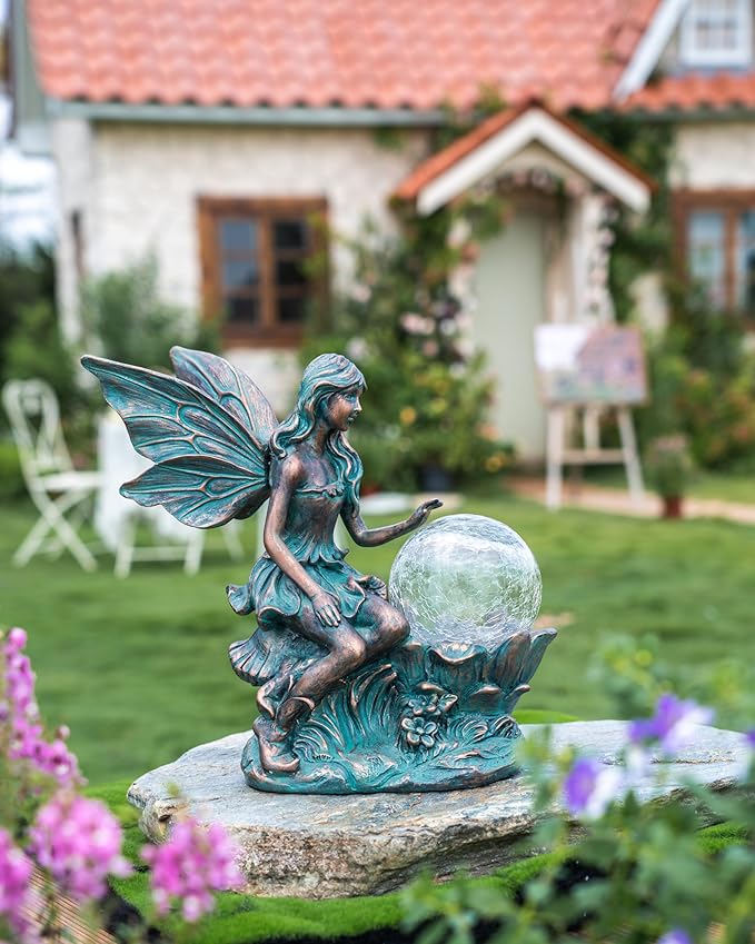 TERESA'S COLLECTIONS Fairy Garden Statues with Solar Outdoor Light for Outdoor Decor, Fairy Valentines Decorations Garden Decor Resin Sculptures with Crackle Glass Globe,Gifts for Mom Yard Decor,11.8"-VerdiqueGarden