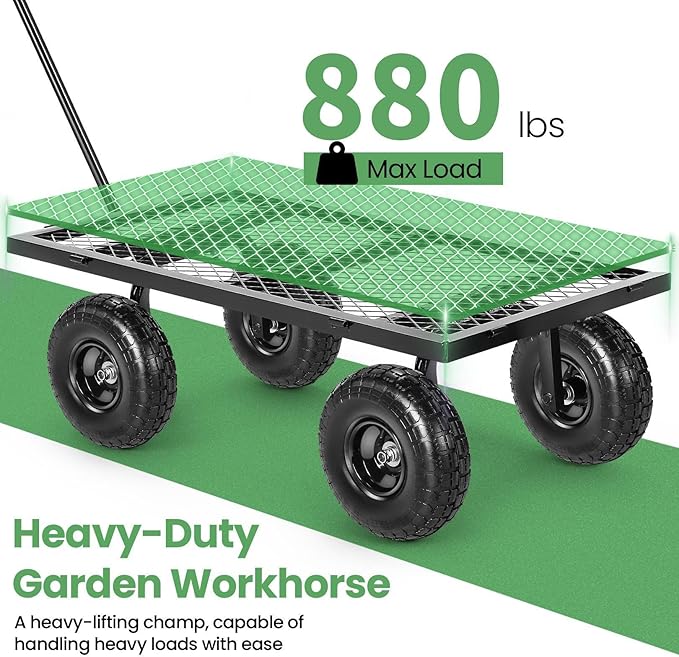 Homdox MAX 880LB Garden Cart, Heavy Duty Garden Wagon, Mesh Foldable Garden Cart, Pullable Gardens Wagon with 180° Rotating Handle, Collapsible Garden Carts for Yard Beach Farm, Black with Bag-VerdiqueGarden