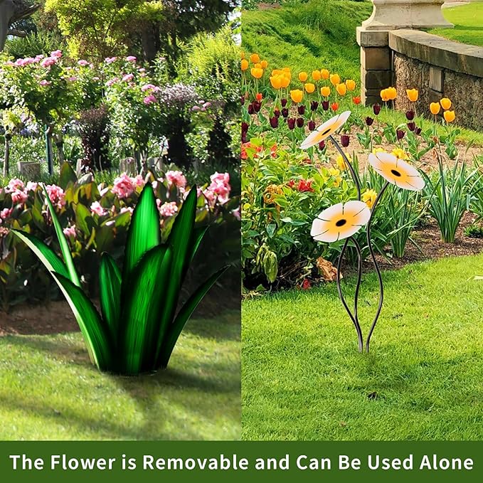 Upgraded Large Metal Yard Art, Agave Plant Yard Decorations Outdoor Sculpture, Flowers for Outside, Waterproof Outdoor Garden Decor (Blue + White Flower)-VerdiqueGarden