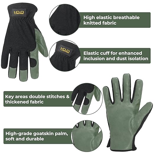 HLDD HANDLANDY Leather Gardening Gloves for Men, Utility Work Gloves for Gardening, Yardwork, Construction, Mechanics with Reinforced Palm, Green M-VerdiqueGarden