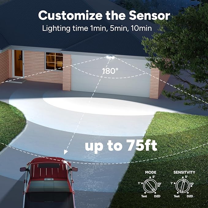 OREiN 10000LM Flood Lights Outdoor, 180°/75FT Motion Sensor Outdoor Lights 4 Modes Dimmable Dusk to Dawn Floodlights IP65 Waterproof for 8000SQ.FT Area for Big Patio, Driveway, Black (Hardwired)-VerdiqueGarden