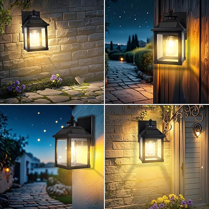 Solar Wall Lights Outdoor, Dusk to Dawn Motion Sensor Lights Waterproof, Solar Porch Lights with 3 Modes & Motion Sensor, Lantern Light Fixture for Patio Garage Entryway Garden-VerdiqueGarden
