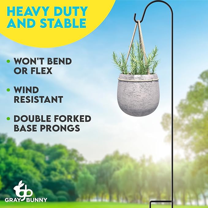 Gray Bunny 35" Shepherds Hooks for Outdoor 4 Pack, Thick Bird Feeder Pole, Hanging Plant Stand, Shepherds Hook for Bird Feeder, Non-Hollow, Non-Adjustable, Extra Long Base Prongs-VerdiqueGarden
