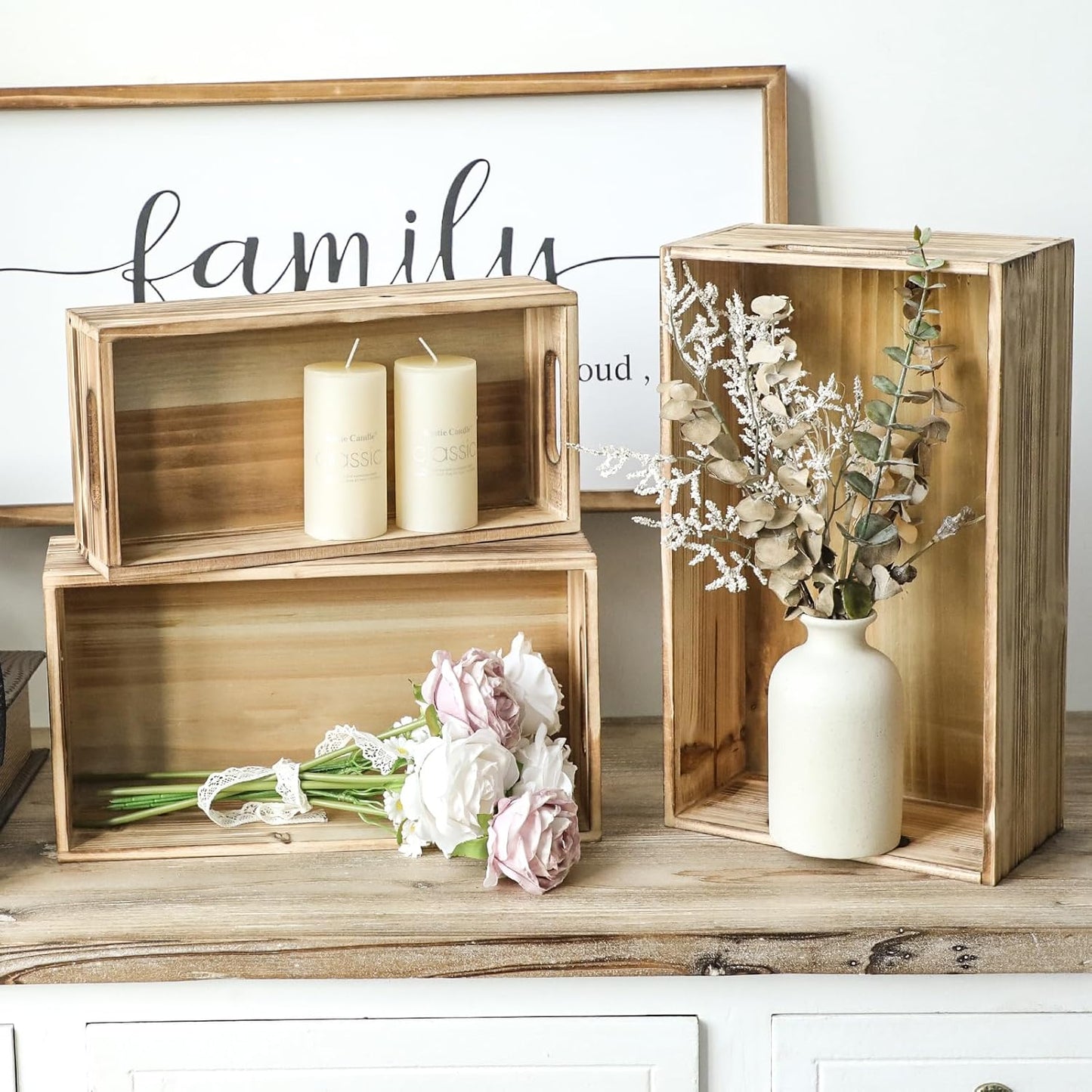 Wooden Boxes, Large Wooden Crates Set of 3 Vintage Torched Brown Wood Storage Crates for Display Home Party Office Bedroom Kitchen Closet-VerdiqueGarden