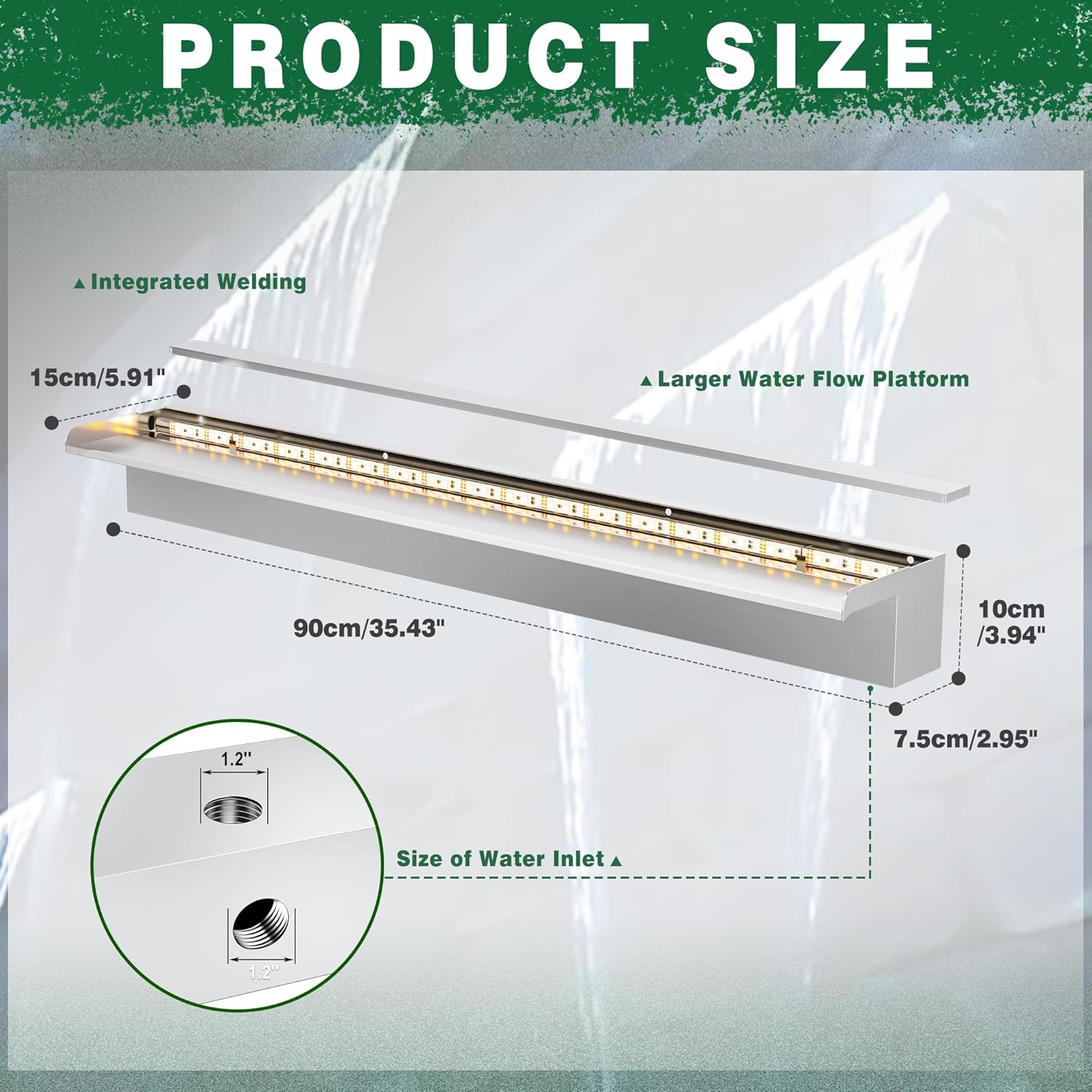 LONGRUN Waterfall Pool Fountain, Updated 5.9'' Wider Open Lip Stainless Steel Waterfall Spillway, Decorative Water Feature for Swimming Pools, Koi Ponds, Spa & Garden - 35.4''-VerdiqueGarden