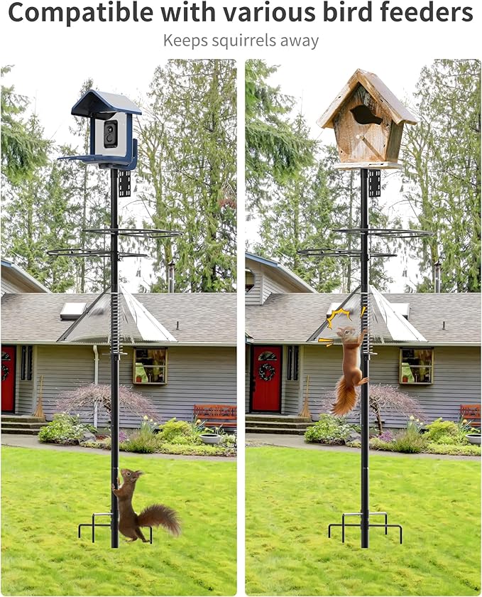 Bird Feeder Pole with Squirrel Baffle - 90 Inch Bird House Pole with Semicircular Hook for Outdoors, Squirrel Proof Baffle with Stainless Steel Spring for Better Defense, Slip-Fit Connection-VerdiqueGarden