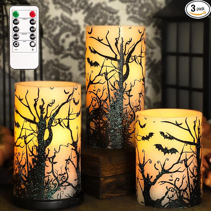Halloween Decor Flameless Candles Set of 3 Black Spooky Bats Decal Flickering Candles Battery Operated with Remote Real Wax LED Pillar Candles for Halloween Party Horrible Theme Decor-VerdiqueGarden