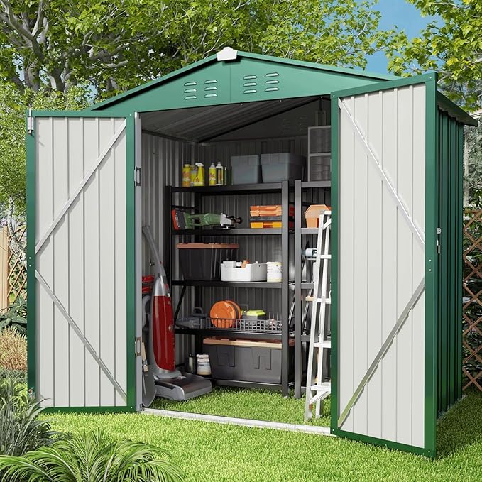 Gizoon Outdoor Storage Shed 6 x 4 FT, Galvanized Metal Garden Shed with Double Lockable Doors, Outdoor Storage Clearance for Backyard Patio Lawn-Green-VerdiqueGarden