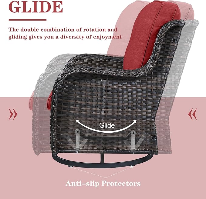 Outdoor Swivel Rocker Patio Chairs - 3 Piece Outdoor Bistro Set Wicker Patio Rocking Chairs Set of 2 with Side Table, 360 Degree Swivel Glider Seating for Porch Balcony Deck Brown/Red-VerdiqueGarden