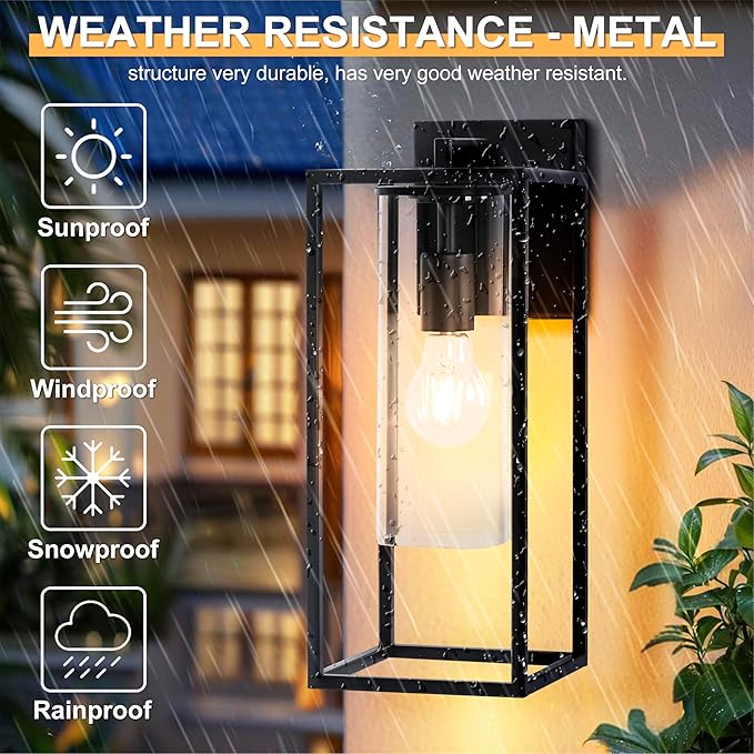 15.7 Inch Outdoor Wall Lights, Black Outdoor Wall Lantern with Square Clear Glass Shade, Waterproof Exterior Lighting Fixtures, Modern Front Porch Lighting for House, Garage, E26 Base, ETL Listed-VerdiqueGarden