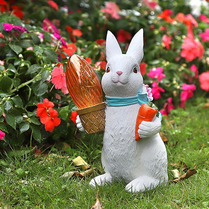 Garden Statues Rabbit with Solar Lights-Easter Bunny Outdoor Decor for Lawn,Balcony-Yard Garden&Patio Decor-Unique Gift for Mom Grandma,Unique Housewarming Gifts and Rabbit Yard Decoration-VerdiqueGarden