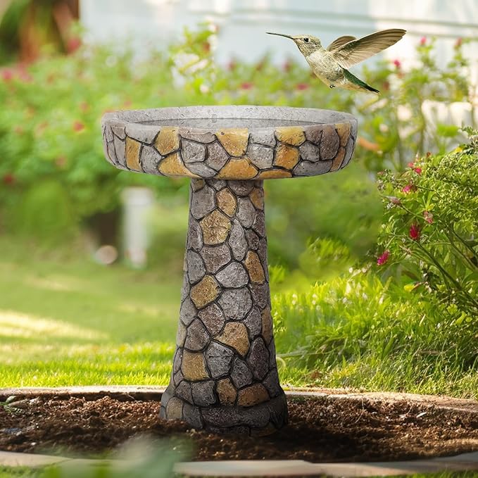 SKYFIRE Stone Like Outdoor Bird Bath - Concrete Freestanding Patio Birdbath with Pedestal for Garden, Patio, Yard, Lawn - 18.8”L X 18.8”W X 24”H Rustic Faux Stone Pedestal Outdoor Garden Birdbaths-VerdiqueGarden