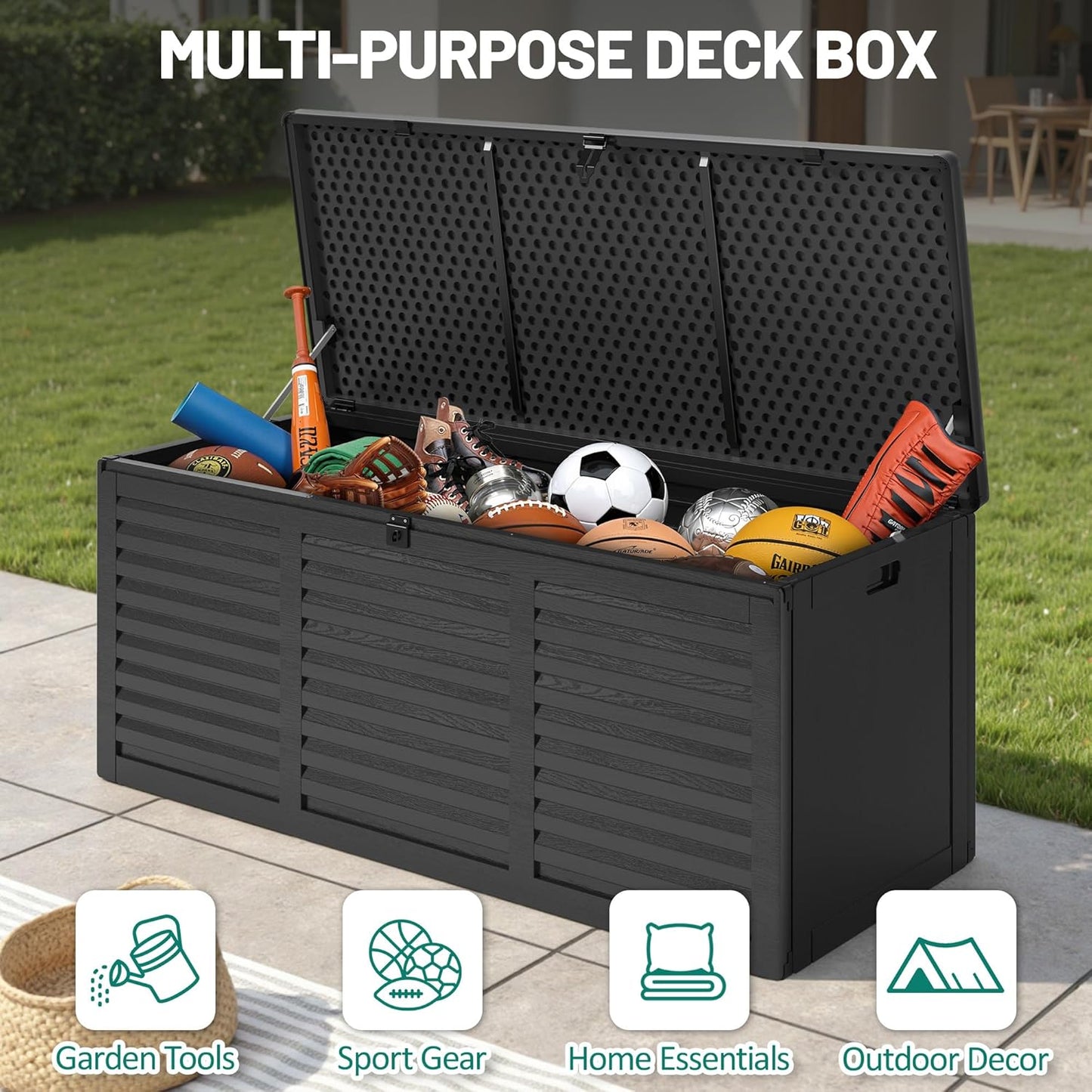 130 Gallon Deck Box Outdoor Waterproof Storage Box Lockable Resin Outdoor Storage Box for Garden Tools Patio Cushions UV-Resistant & Easy Assembled (Black)-VerdiqueGarden