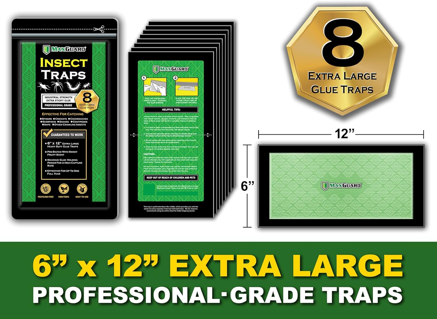 MaxGuard Extra Large Insect Traps (8 Traps) | Non-Toxic Extra Sticky Pre-Baited Glue Board, Trap & Kill Most Crawling Insects, Bugs, Spiders, Crickets, Scorpions, Cockroaches, Centipedes, Snakes.-VerdiqueGarden