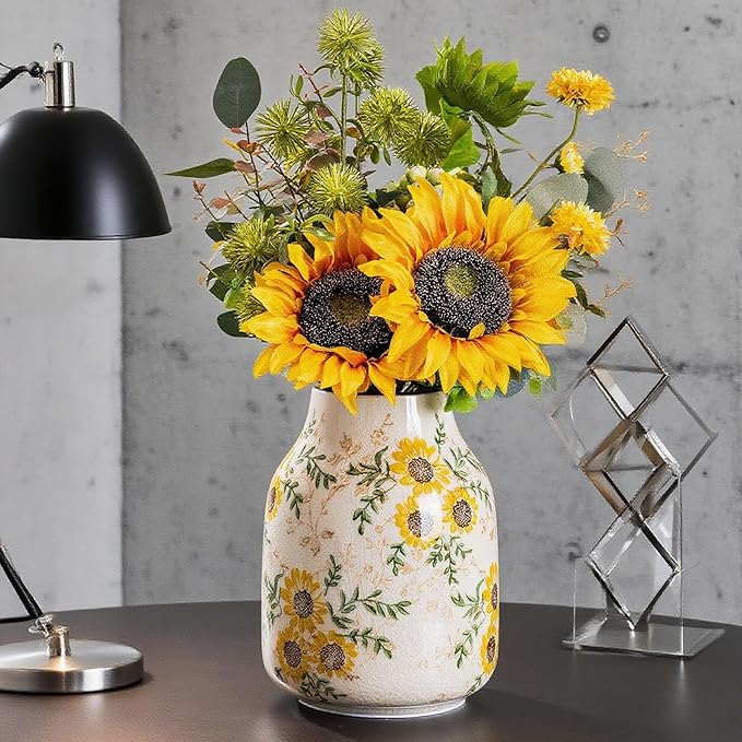 Sunflower Vintage Ceramic Yellow Floral Vase, Beige and Green Chinoiserie Home Decor for Fireplace Mantle, Table Centerpieces, Kitchen Counter, Tuscan, Cute Flower Vase for Living Room Office 7.8 Inch-VerdiqueGarden