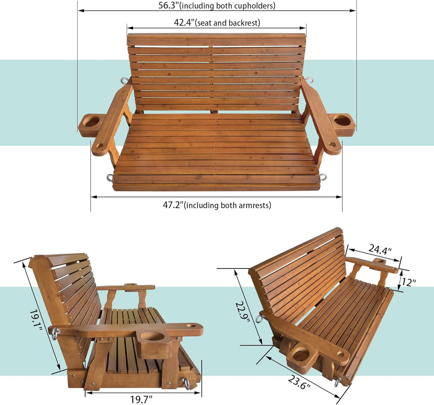 Wooden Porch Swing 2-Seater, High Backrest and Deep Seat, Bench Swing with Cupholders, Hanging Chains and 7mm Springs, Heavy Duty 880 LBS, for Outdoor Patio Garden (Cedar Tone - 4 FT Extra Large)-VerdiqueGarden